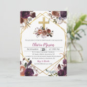 Gold Paarse Floral Baptism Invitation Kaart (Staand voorkant)