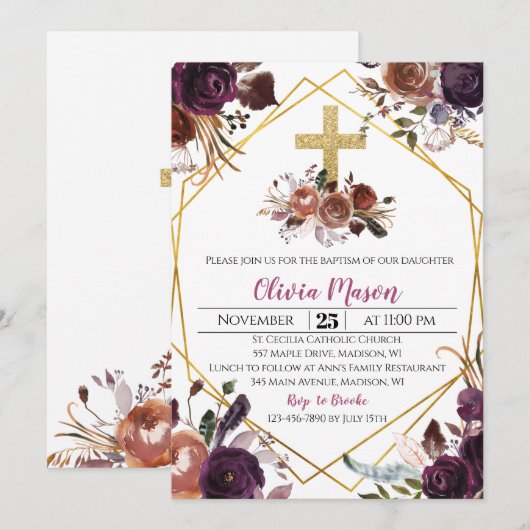 Gold Paarse Floral Baptism Invitation Kaart (Voorkant / Achterkant)
