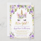 Gold Paarse Floral Unicorn Baby Shower-uitvindinge Kaart (Voorkant)