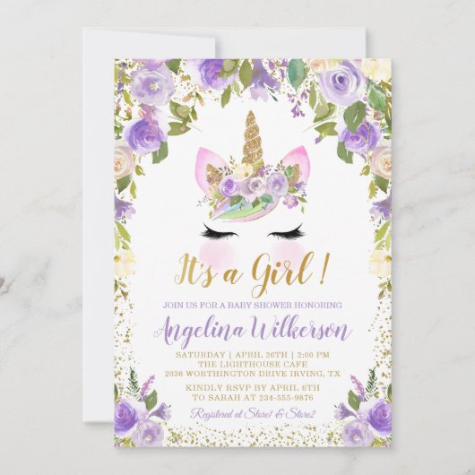 Gold Paarse Floral Unicorn Baby Shower-uitvindinge Kaart (Voorkant)
