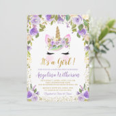 Gold Paarse Floral Unicorn Baby Shower-uitvindinge Kaart (Staand voorkant)