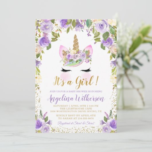 Gold Paarse Floral Unicorn Baby Shower-uitvindinge Kaart (Staand voorkant)