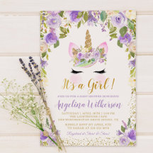 Gold Paarse Floral Unicorn Baby Shower-uitvindinge
