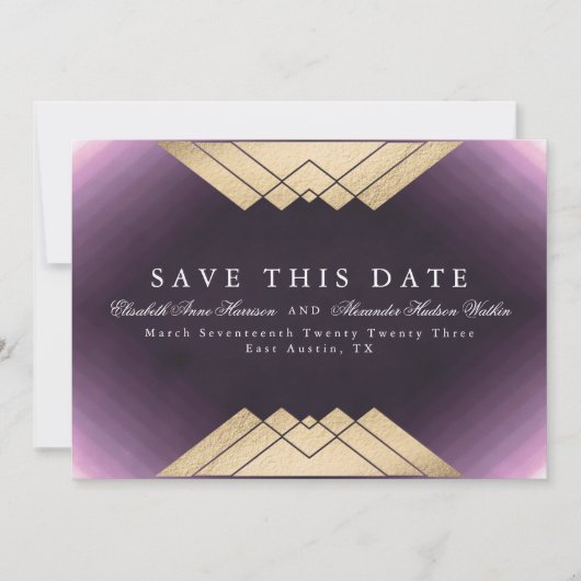 Gold Paarse geometrische Gatsby-Folie sparen de da Aankondiging (Voorkant)