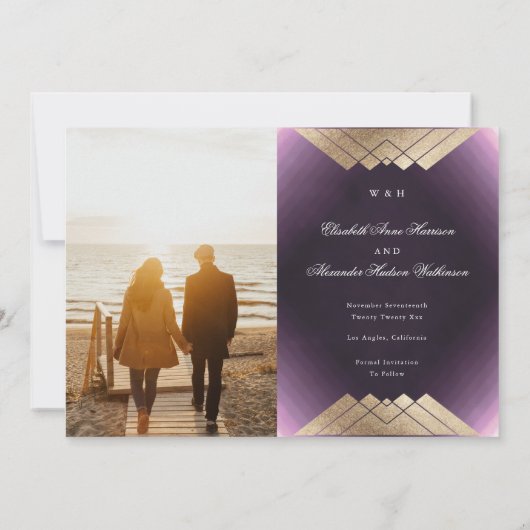 Gold Paarse geometrische Gatsby-Folie sparen de da Aankondiging (Achterkant)