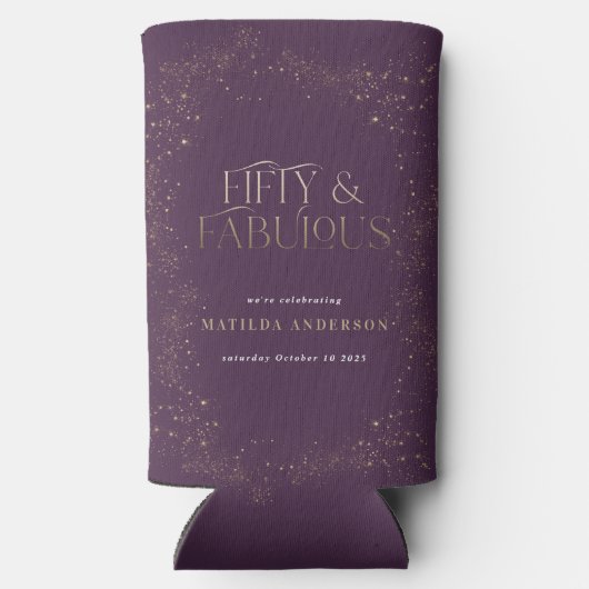Gold paarse glitter 50 en geweldige verjaardagsfee seltzer blikjeskoeler (Achterkant)
