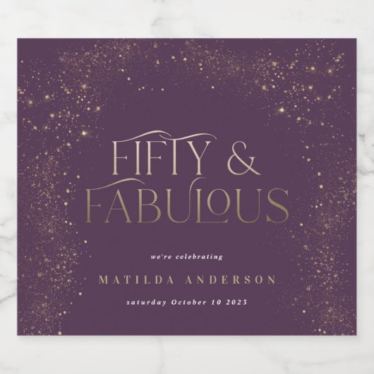 Gold paarse glitter 50 en geweldige verjaardagsfee sparkling wijnetiket (Enkel label)