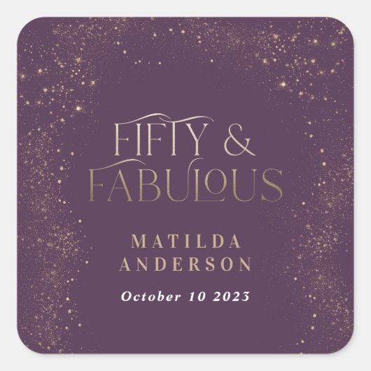 Gold paarse glitter 50 en geweldige verjaardagsfee vierkante sticker (Voorkant)