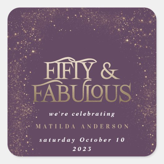 Gold paarse glitter 50 en geweldige verjaardagsfee vierkante sticker (Voorkant)