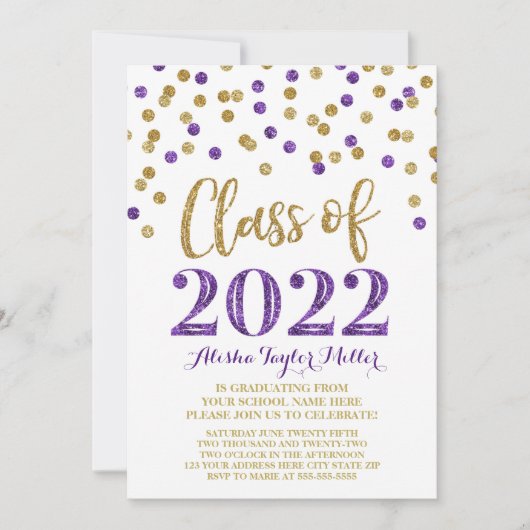 Gold Paarse Glitter Confetti Graduation Party 2022 Kaart (Voorkant)