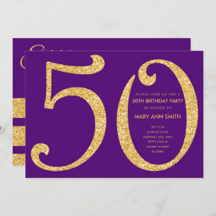 Gold Paarse Glitter Surprise 50th Birthday Party Kaart