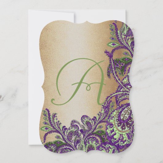 Gold Paarse Groene  Peacock Paisley Wedding Kaart (Achterkant)