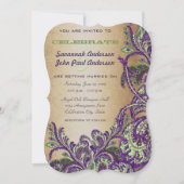 Gold Paarse Groene  Peacock Paisley Wedding Kaart (Voorkant)