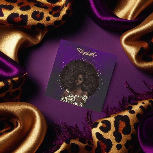 Gold & Paarse Leopard Afro-Amerikaanse kapsalon Vierkante Visitekaartje
