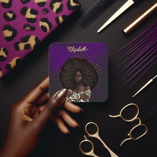 Gold & Paarse Leopard Afro-Amerikaanse kapsalon Vierkante Visitekaartje