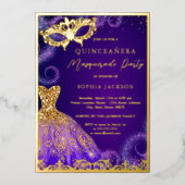 Gold Paarse Masquerade Party Dress Quinceanera Foi Folie Uitnodiging (Voorkant)