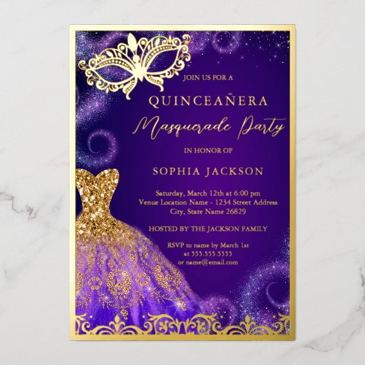 Gold Paarse Masquerade Party Dress Quinceanera Foi Folie Uitnodiging (Voorkant)