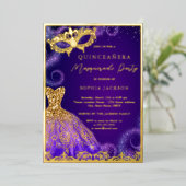 Gold Paarse Masquerade Party Dress Quinceanera Foi Folie Uitnodiging (Staand Voorkant)