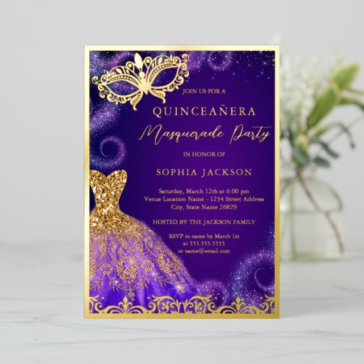 Gold Paarse Masquerade Party Dress Quinceanera Foi Folie Uitnodiging (Staand Voorkant)