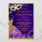Gold Paarse Masquerade Party Dress Quinceanera Folie Uitnodiging (Voorkant)