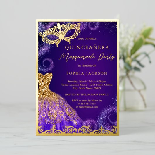 Gold Paarse Masquerade Party Dress Quinceanera Folie Uitnodiging (Staand Voorkant)