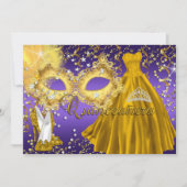 Gold Paarse Masquerade Quinceanera Invite Kaart (Voorkant)