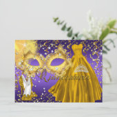 Gold Paarse Masquerade Quinceanera Invite Kaart (Staand voorkant)