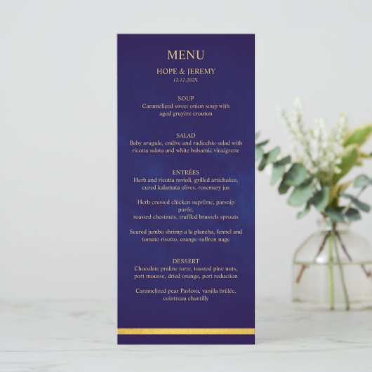 Gold Paarse Velvet Elegant Fairy Tale Wedding Menu (Staand voorkant)