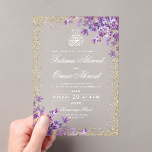 Gold Paarse Violet Lavender Islamic Muslim Weduwen Acryl Uitnodigingen