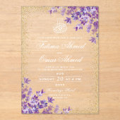 Gold Paarse Violet Lavender Islamic Muslim Weduwen Acryl Uitnodigingen (Voorkant)