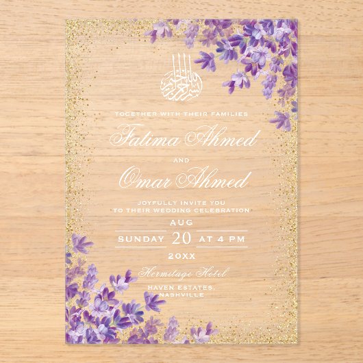 Gold Paarse Violet Lavender Islamic Muslim Weduwen Acryl Uitnodigingen (Voorkant)