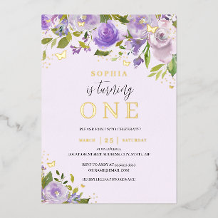 Gold Paarse Waterverf Floral Girl 1e verjaardag Folie Uitnodiging