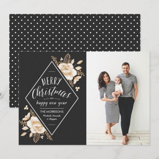 Gold Pained Flowers Kerstfeestdag Foto Feestdagenkaart (Voorkant / Achterkant)