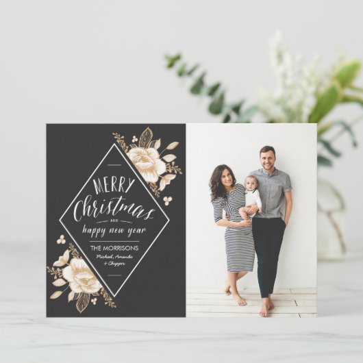 Gold Pained Flowers Kerstfeestdag Foto Feestdagenkaart (Staand voorkant)