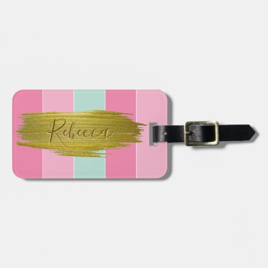 Gold Paint Stroke Colorful Mint Pink Stripes Bagagelabel (Voorkant horizontaal)