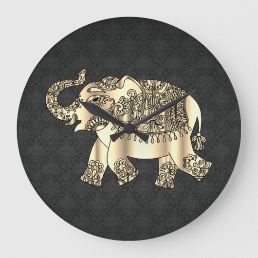 Gold Paisley Floral Elephant, Black Damask Grote Klok (Voorkant)