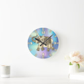 Gold Paisley Floral Elephant, Blue Holographic Ronde Klok (Huis)