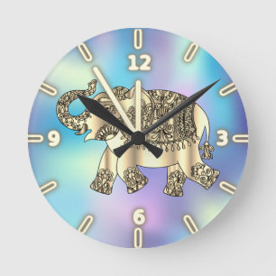 Gold Paisley Floral Elephant, Blue Holographic Ronde Klok