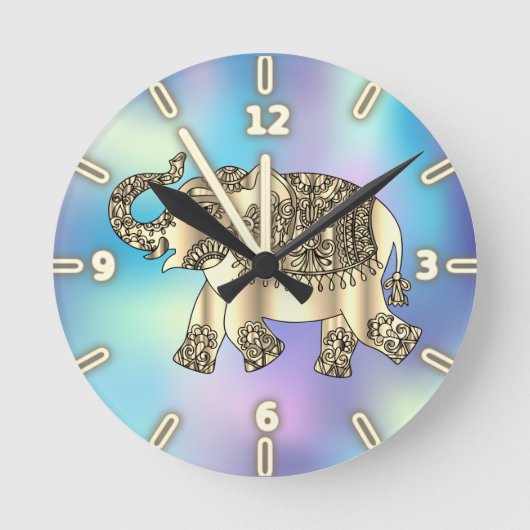 Gold Paisley Floral Elephant, Blue Holographic Ronde Klok (Voorkant)