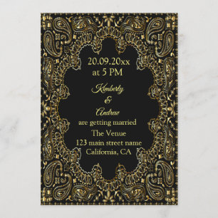 Gold Paisley Line Art Wedding Invitation Kaart