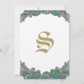 Gold Paisley Peacock Colors Wedding Invitations Kaart (Achterkant)