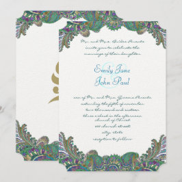 Gold Paisley Peacock Colors Wedding Invitations Kaart