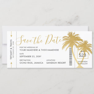 Gold Palm Boarding Pass Ticket Save the Date Card Aankondiging