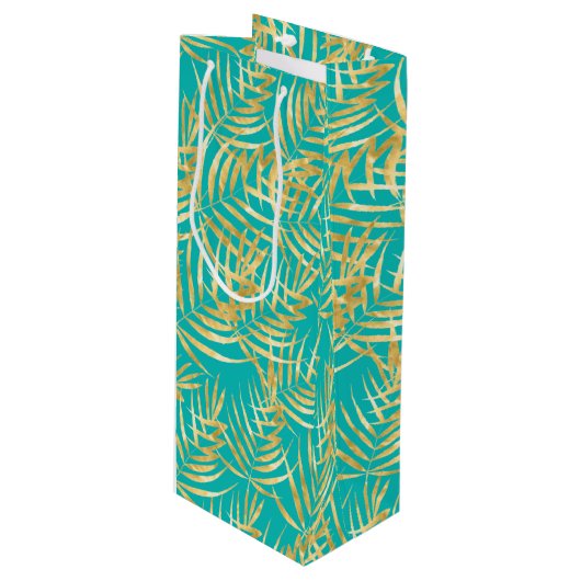 Gold Palm Fronds op Turquoise Wijn Cadeautas (Voorkant Gekanteld)