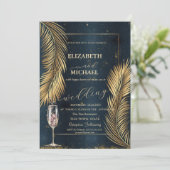 Gold Palm Leaves Beach Champagne Glass Weddenschap Kaart (Staand voorkant)