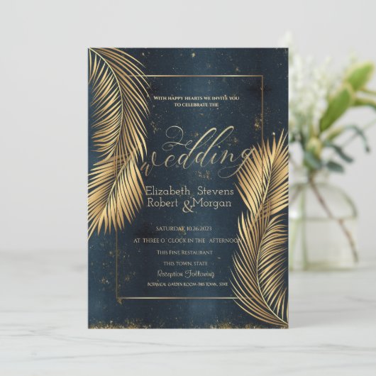 Gold Palm Leaves Beach Wedding Kaart (Staand voorkant)