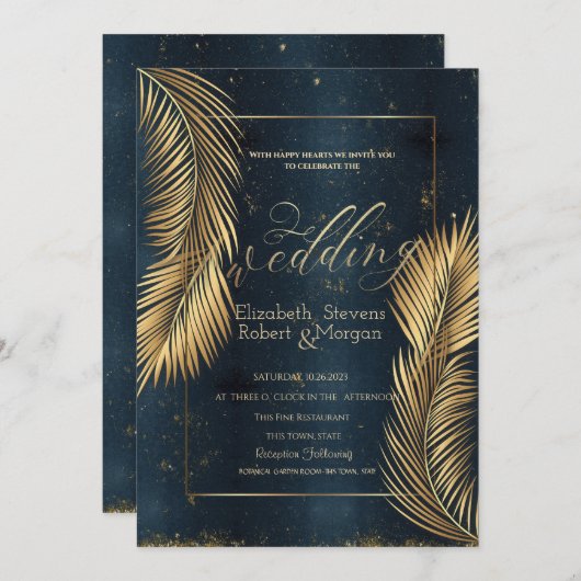 Gold Palm Leaves Beach Wedding Kaart (Voorkant / Achterkant)