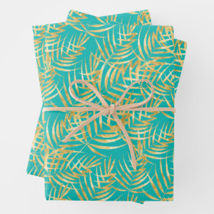 Gold Palm Leaves op Turquoise Inpakpapier Vel