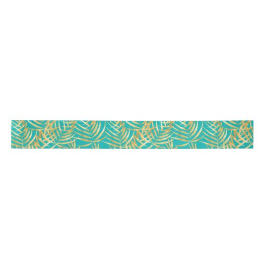 Gold Palm Leaves op Turquoise Satijnen Lint (Voorkant)
