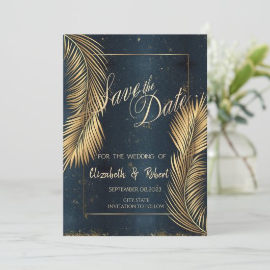 Gold Palm leveert strandbruiloft om de datum op te Save The Date (Staand voorkant)